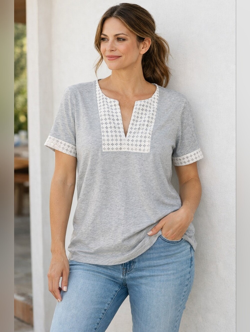J.Crew Women’s 100% Cotton Lightweight White/Gray Bib Collar Eyelet Trim Top S